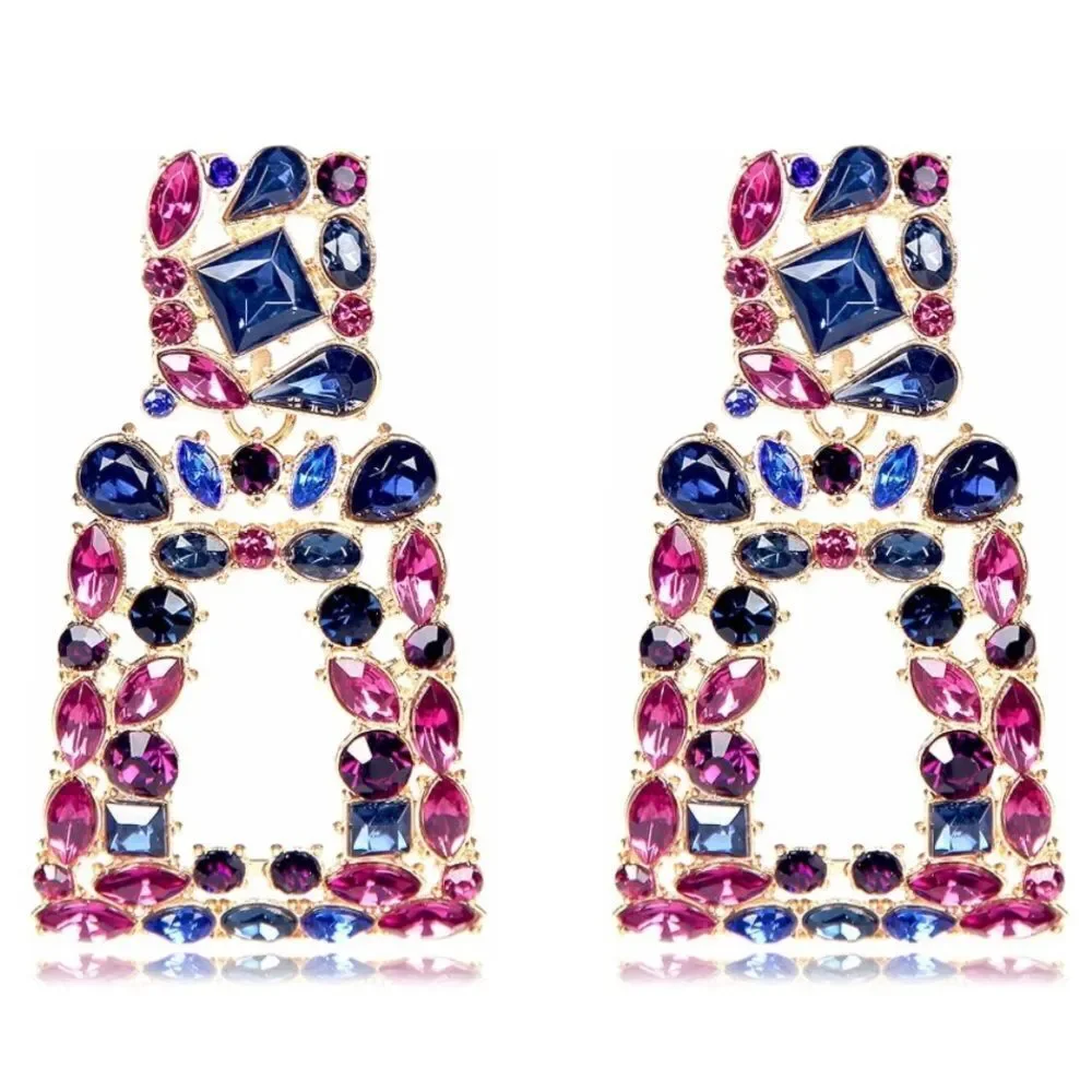 Yellow Gold with Amethyst and Blue Sapphire Crystal Geometric Rectangle Earrings